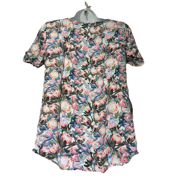 H&M Parakeet Birds Tropical Summer Floral Short Sleeve Top V-Neck Blouse Size 2 - Picture 2 of 8